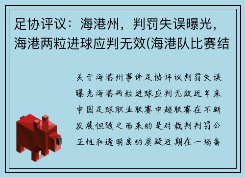 足协评议：海港州，判罚失误曝光，海港两粒进球应判无效(海港队比赛结果)