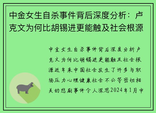 中金女生自杀事件背后深度分析：卢克文为何比胡锡进更能触及社会根源