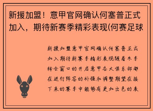 新援加盟！意甲官网确认何塞普正式加入，期待新赛季精彩表现(何赛足球)