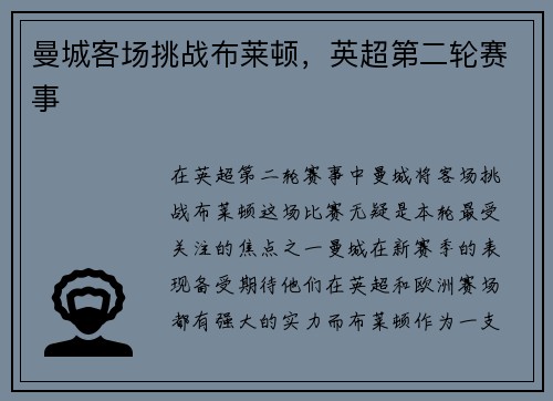 曼城客场挑战布莱顿，英超第二轮赛事