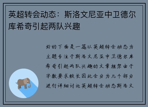 英超转会动态：斯洛文尼亚中卫德尔库希奇引起两队兴趣