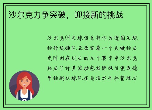 沙尔克力争突破，迎接新的挑战