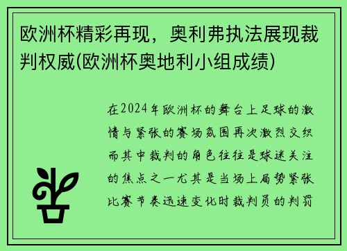 欧洲杯精彩再现，奥利弗执法展现裁判权威(欧洲杯奥地利小组成绩)