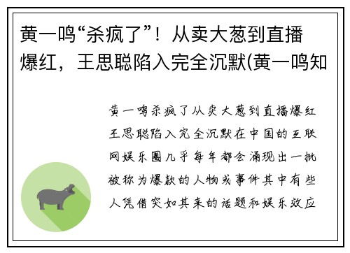 黄一鸣“杀疯了”！从卖大葱到直播爆红，王思聪陷入完全沉默(黄一鸣知乎)