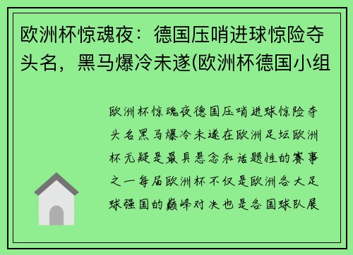 欧洲杯惊魂夜：德国压哨进球惊险夺头名，黑马爆冷未遂(欧洲杯德国小组赛出局)